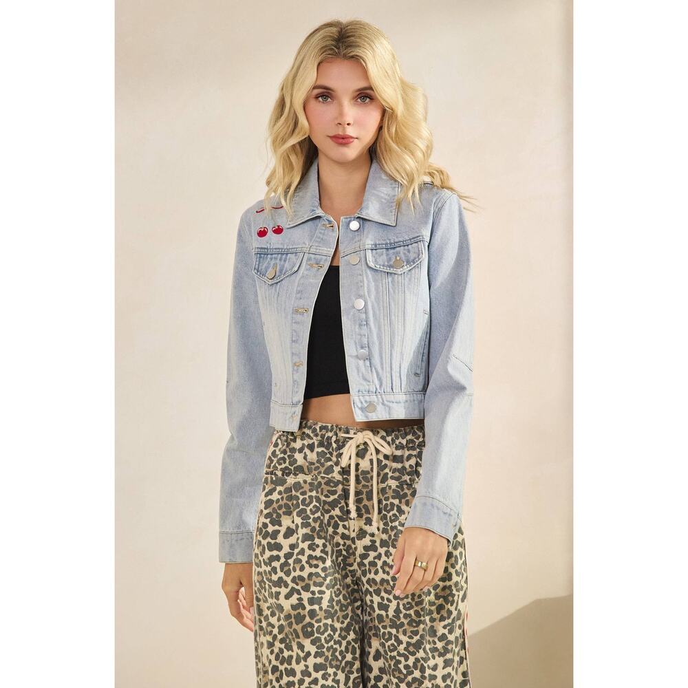 NWT Cherry Embroidery Cropped Denim Jacket